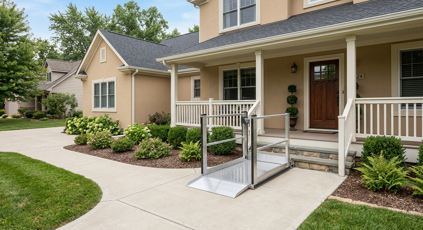Residential vertical platform lift installed at a front porch entry