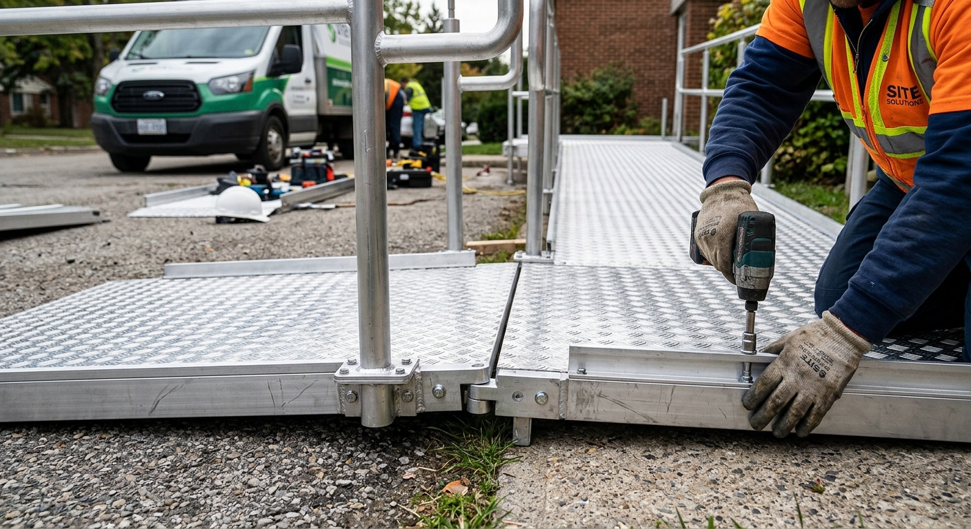 Close-up of aluminum wheelchair ramp panels and safety handrails being installed
