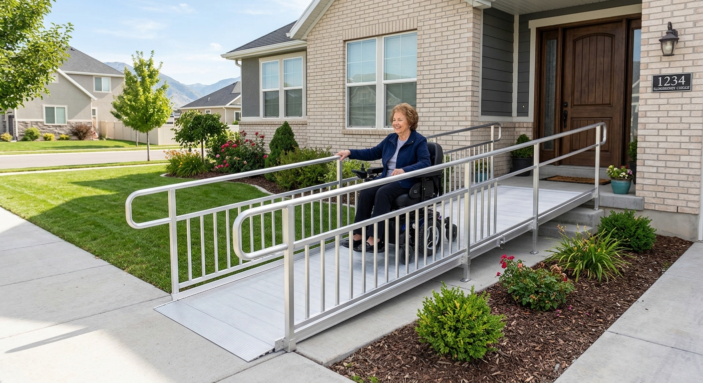 Aluminum wheelchair ramp installed at a residential home entry