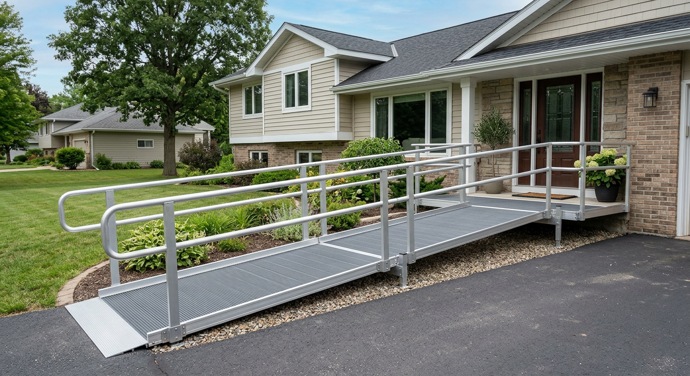 Wheelchair ramp professionally installed at a residential home entry